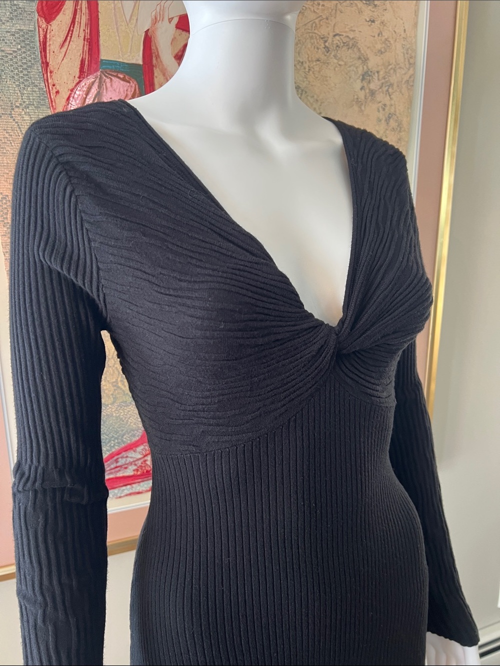 Astr Black Ribbed Twist-Front V-Neck Long Sleeve Dress